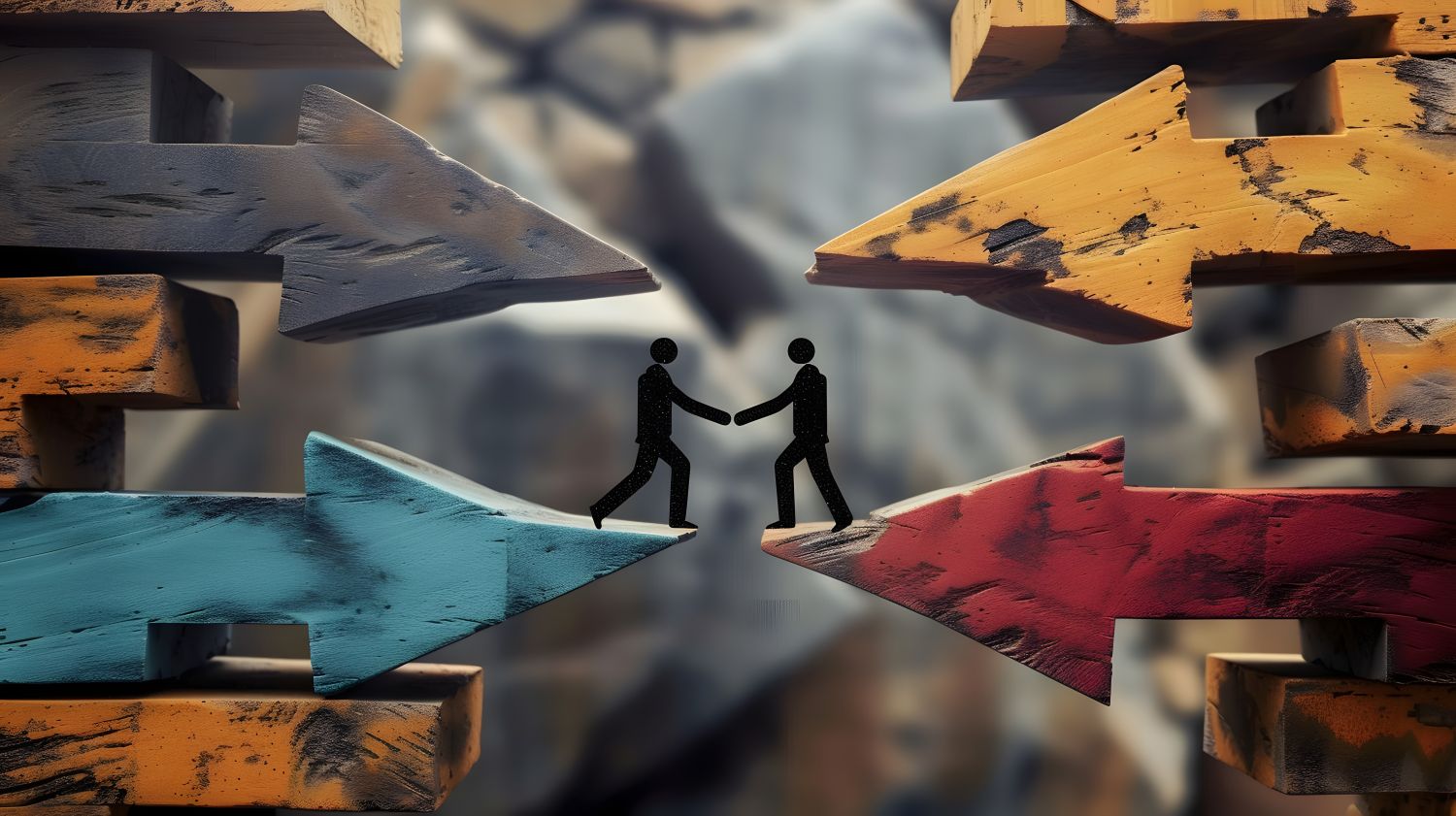 AI image of two parties going through the conflict resolution process with all sides of the argument being presented with arrows. Dr. Ginny works with organizations to break free impasses and reach resolution