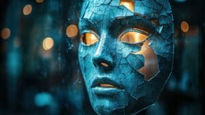 An Ai generated illustration of a mask falling to pieces to reveal the person underneath to symbolize Imposter syndrome.