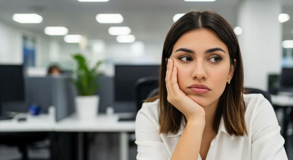 Workplace Stress: The Science Behind Prevention and Early Intervention Professional woman sitting at her desk appearing frozen and uncertain, illustrating the workplace freeze response addressed through leadership training by Ginny Estupinian, PhD